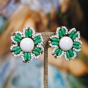 Miriam Haskell Green Seed Beads Clip-on Earrings
